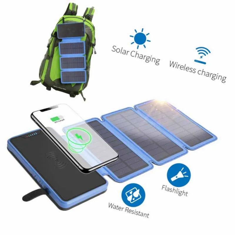 

Folding Solar wireless Charger Waterproof battery 20000mAh External portable wireless power bank for samsung huawei mate 20 pro