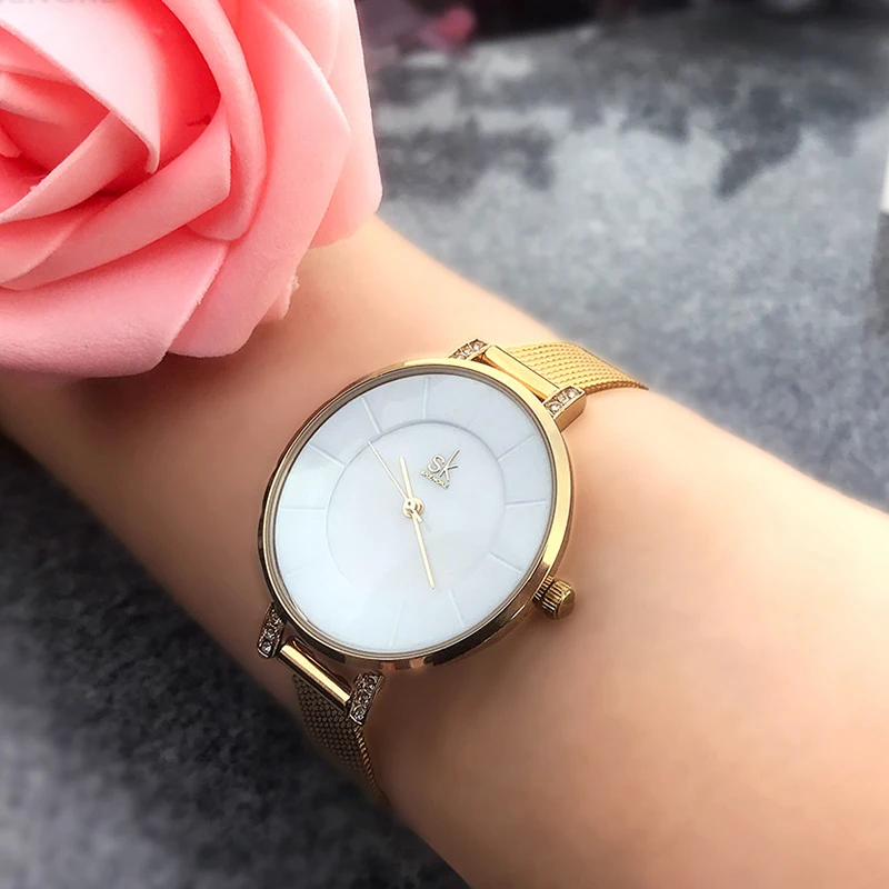 Часы Shengke женские кварцевые из нержавеющей стали с золотым браслетом|wristwatch women
