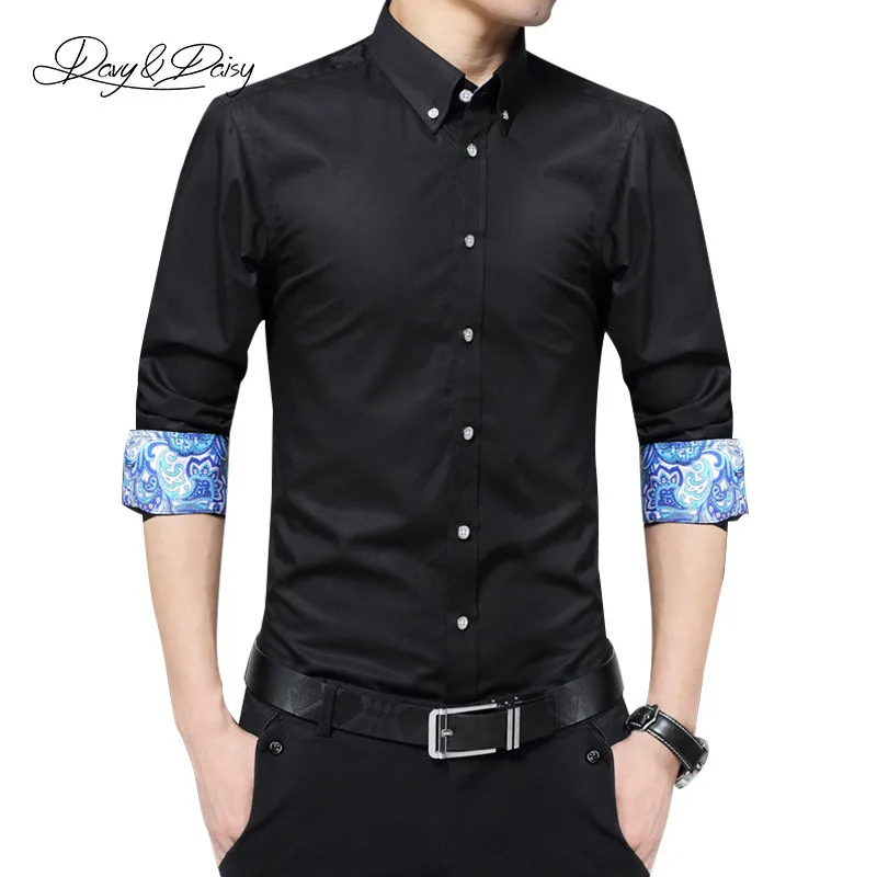 Davydaisy Для мужчин рубашка Turn Подпушка воротник с длинными рукавами простые классические манжеты печатных, брендовая одежда Повседневная