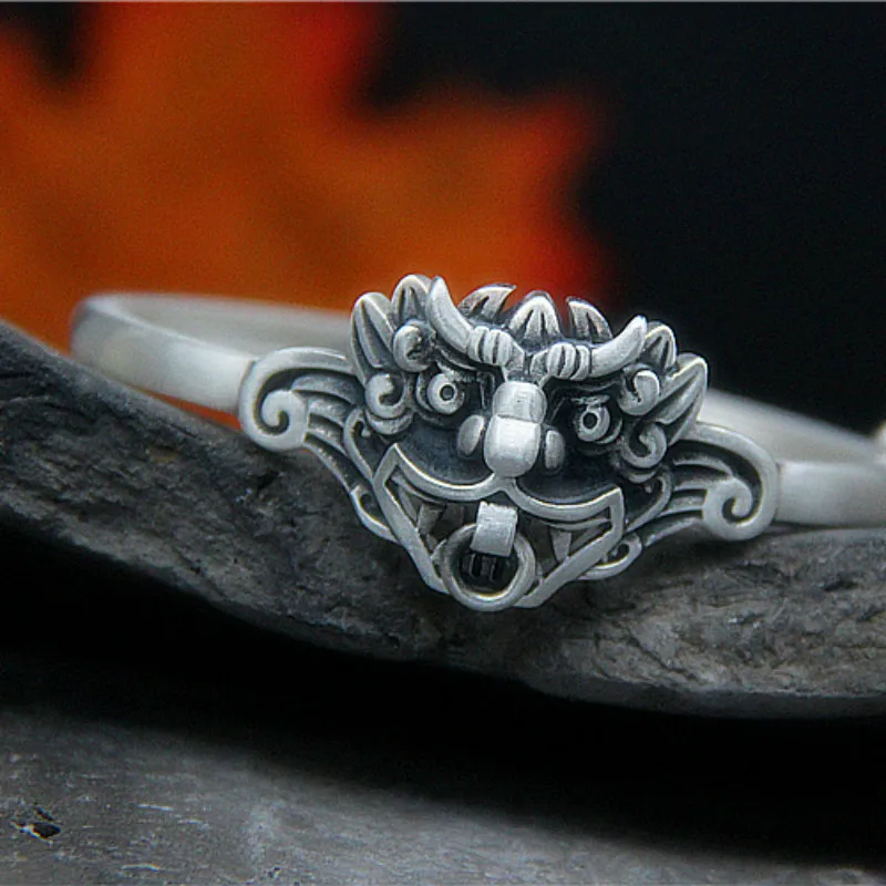 

Real 925 Sterling Silver Vintage Bohemian Ethnic Mythical Ferocious Animal Bangle Bracelet Jewelry Gift for Boy Men