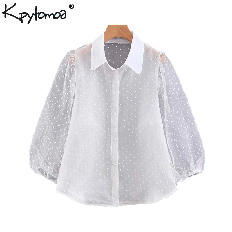  Vintage Chic Polka Dot See Through Tops Women Blouses 2020 Fashion Lapel Collar Lantern Sleeve Sexy