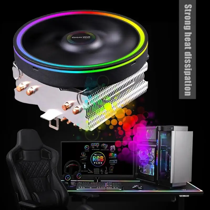 

Computer Quiet Cooling Heatsink Color Lighting CPU Cooler Fan 6mm Diameter Pure Steel Heat Pipe Thread FIN Technology for Intel