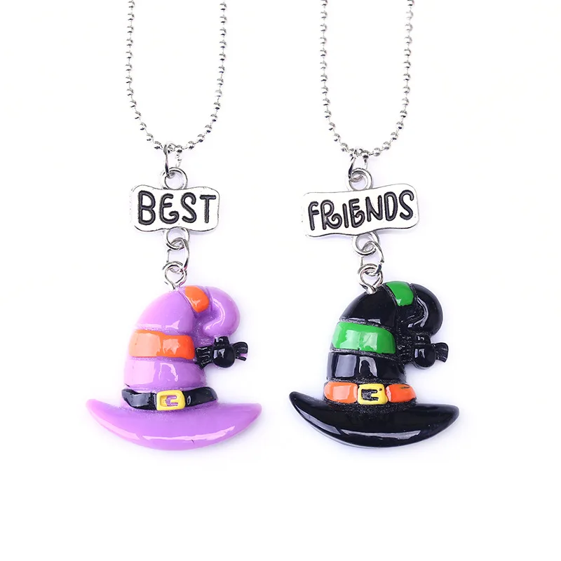 

8SEASONS Halloween Friendship Necklace Set Alloy Ball Chain Resin Pendants Hats Pumpkin Ghost Bat Cute Jewelry for Child, 2 pcs