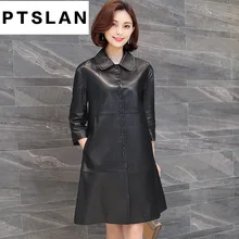 Ptslan Genuine Leather Jacket Women Top Fashion New Plus Size Slim Ladies Long Trench Coat Female