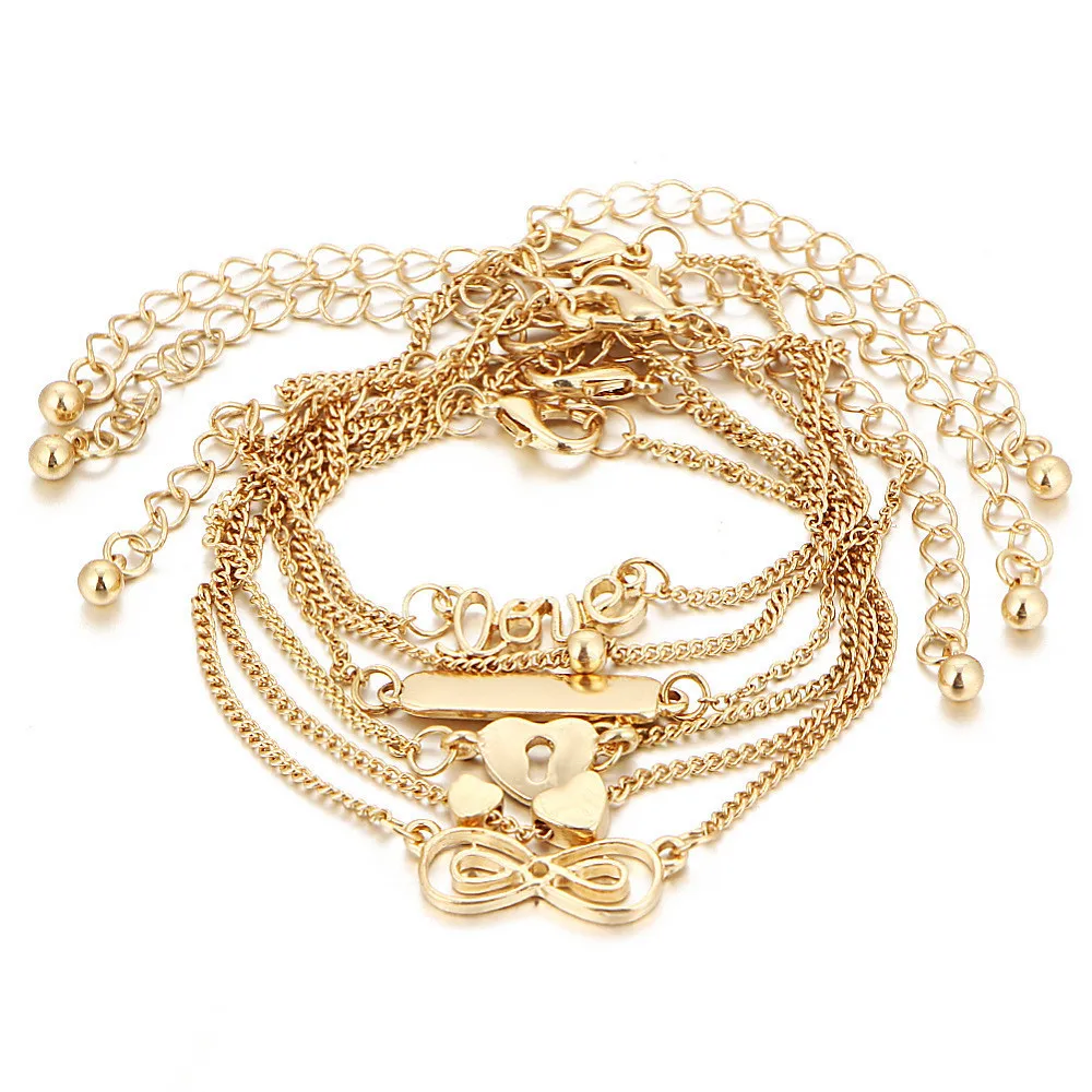 GERUISHA 6PCS Ankle Bracelet Set Boho Jewelry Bohemian Gold Chains Infinity Double Heart Love Lock Charm Bracelets For Women Ank | Украшения