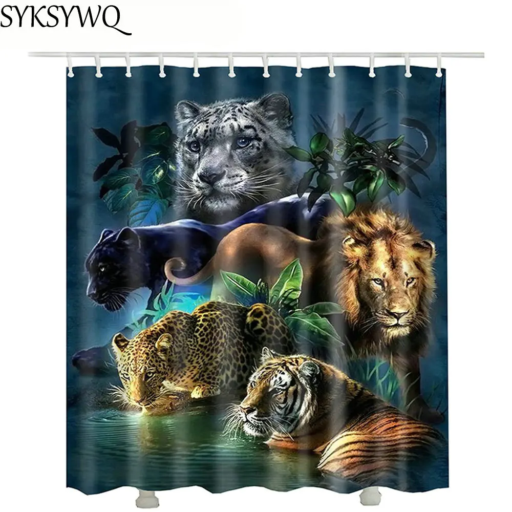 Leopard Tiger Lion 3d Shower Curtain Textile Green Tree Waterproof Polyester for The Bathroom | Дом и сад
