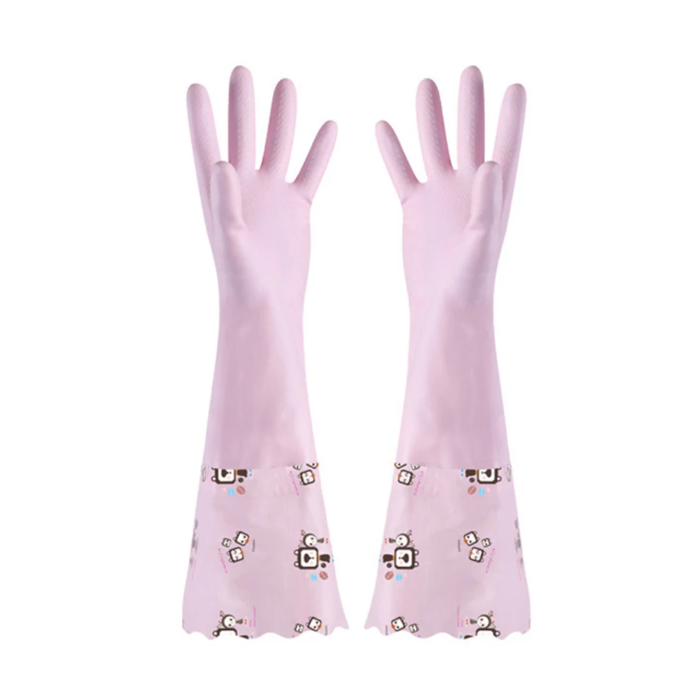 1 Pair Kitchen Elastic Band Long Sleeves Cleaning Gloves with Velvet Warm Gloves Household Waterproof Dishwashing Gloves