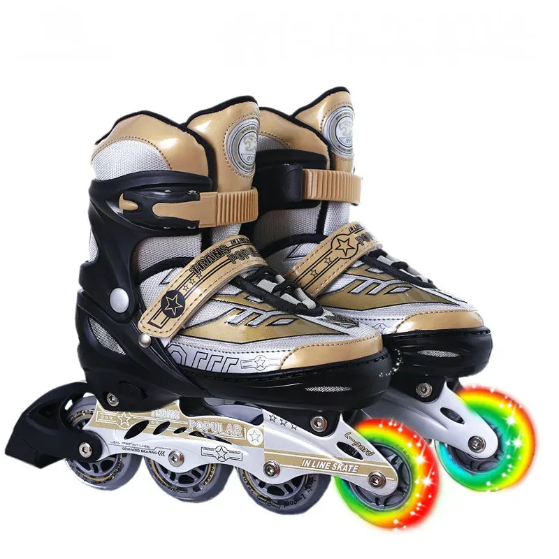 ПУ колеса детские роликовые коньки ABEC-7 подшипник оси, мигающие колеса детские роликовые коньки, однорядные роликовые коньки с регулировкой размера - Цвет: gold