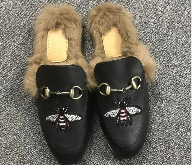 

2018 brand women boot flat shoes Rabbit hair microfiber leather Maomo slippers high quality black Embroidery flat boots 34-41