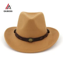 QIUBOSS женский мужской шерстяной войлок Западные Ковбойские шляпы широкий джазования с полями Fedora мягкая фетровая шляпа Панама Стиль Карнавальная шляпа гибкий колпак Кепка