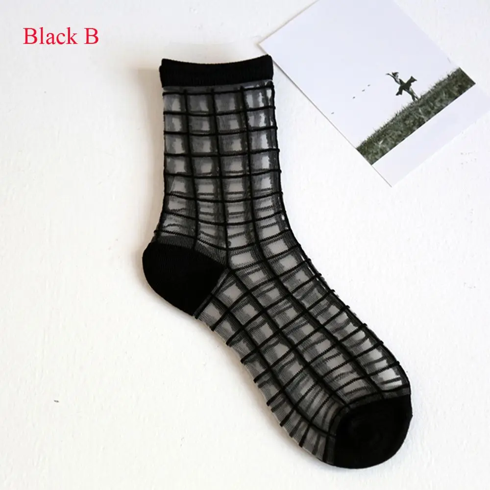 1 pair New Sheer Mesh Glass Silk Socks Ultrathin Transparent Stretch Elasticity Lace Net Yarn Thin Summer Socks For Women - Color: black B