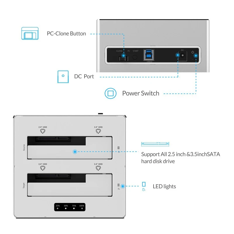 Док-станция ORICO USB 3,0 на SATA 3,0 с двумя отсеками для жесткого диска, алюминиевая с функцией клона для 2,5/3,5 дюймовых HDD, SSD для Windows Mac OS