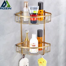 Antique Brass Wall Mounted Shower Shelf Shampoo Holder Bathroom Corner Rack Storage Basket Hanger