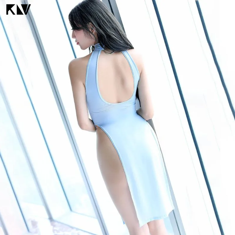 KLV Women Temptation Cheongsam Lingerie Midi Dress High Split Babydoll Nightgown Uniform Halter Backless Solid Color Sleepwear