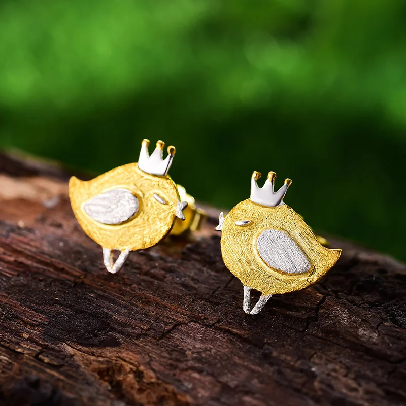 Lotus весело Настоящее серебро 925 проба Натуральный ручной работы дизайнер ювелирных украшений Прекрасная принцесса серьги-гвоздики в виде птицы для Для женщин Brincos - Цвет камня: Золотой