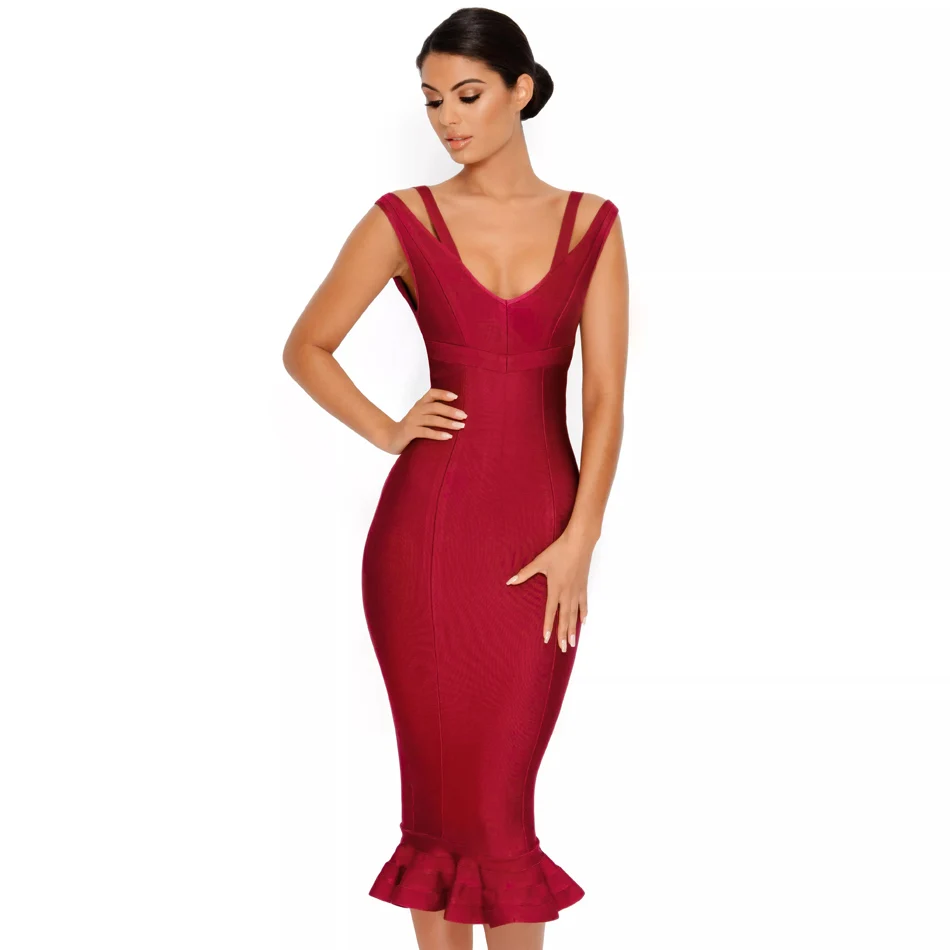 

Alluring Sleeveless Ruffled Cut Out Bandage Fishtail Dress V Neck Slim High Quality V Back Frill Midi Bodycon Women Dress
