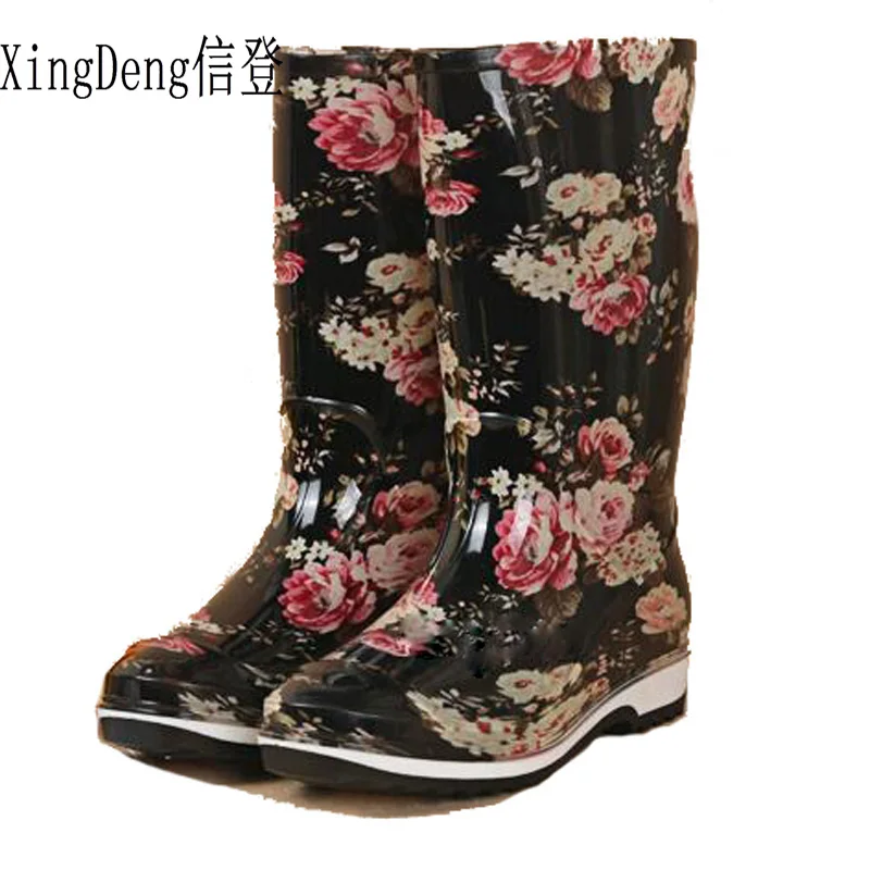 

XingDeng Women Round Toe Printed Flower Rubber Water Shoes Spring Autum Ladies Rainboots Waterproof Heel Rain Boots Size 36-41
