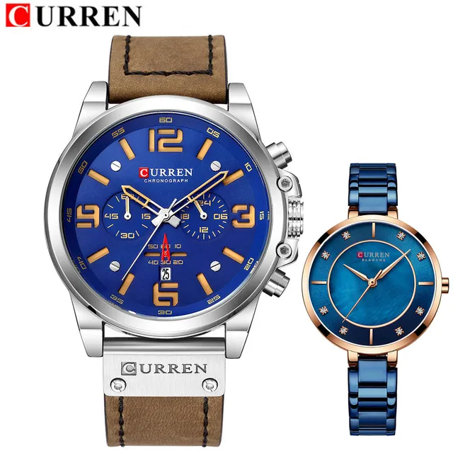 CURREN Women Couple watches for Lovers Leather Stainless steel 1 Pair Lady Watch Mens Women Quartz Wrist watches Set 1