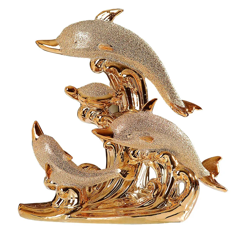 

Golden ceramic dolphin horse ornaments Figurines decoration Crafts Animal dolphin model Miniatures living room wedding gift