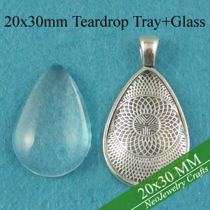 

20x30mm Antique Silver Teardrop Pendant Trays, Teardrop Cabochon Setting, Blank Pendant Setting + Clear Glass Cabochon Cover