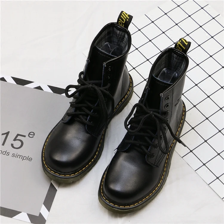 

Spring and autumn round head vintage lace-up high to help black Martin boots students flat casual locomotive women's boots