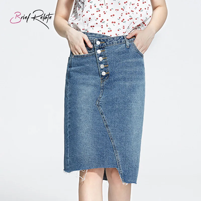 

Brief Relate light blue Denim Half-length Skirts, metal buttons One-step SkirtsElastic durable denim casual wear