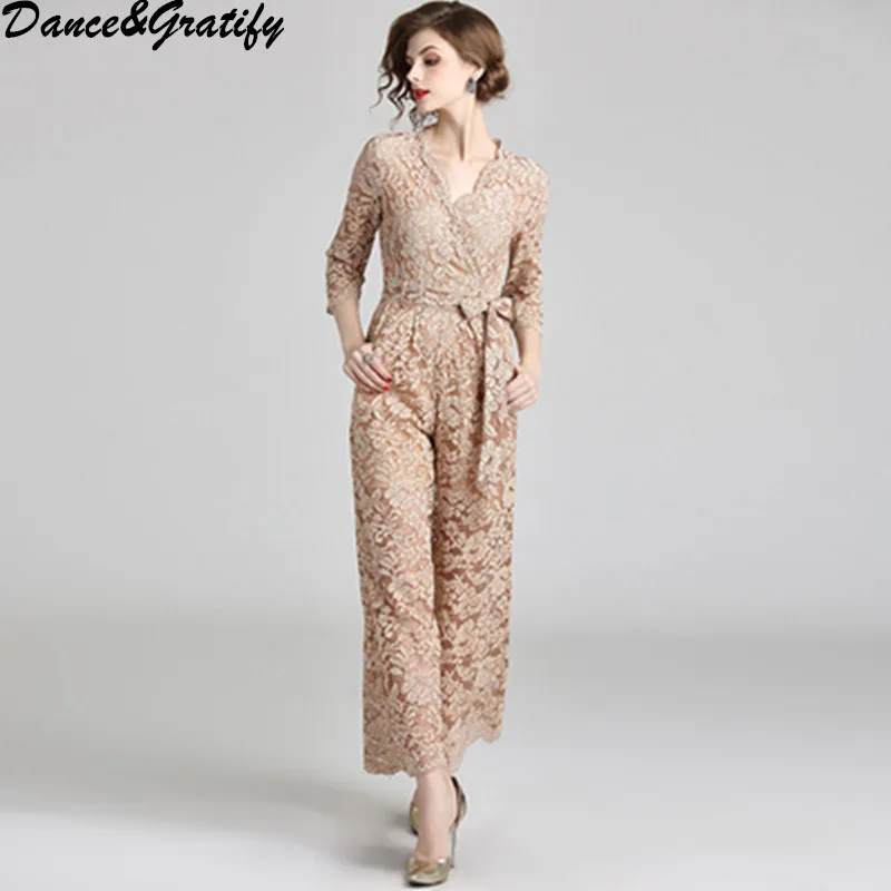 

Autumn New Women Lace Crochet Wide Leg Jumpsuit Belted Slim Fit Three Quarter Sleeve Rompers Elegant Ladies Party Bodysuits