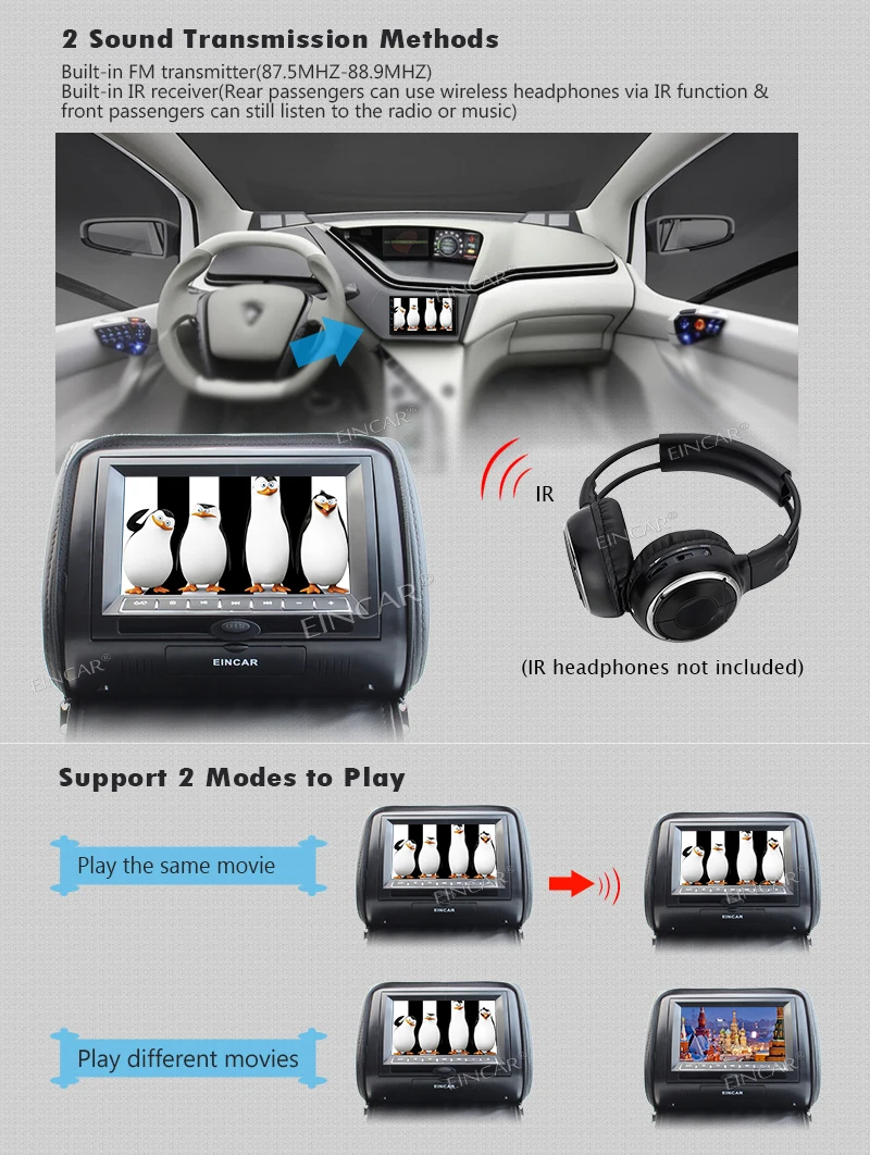 Excellent Black Dual Headrest Pair of Car Pillow headrest Monitor DVD Player Twin Digital Screens USB SD IR FM Transmitter 32 Bit Games 6