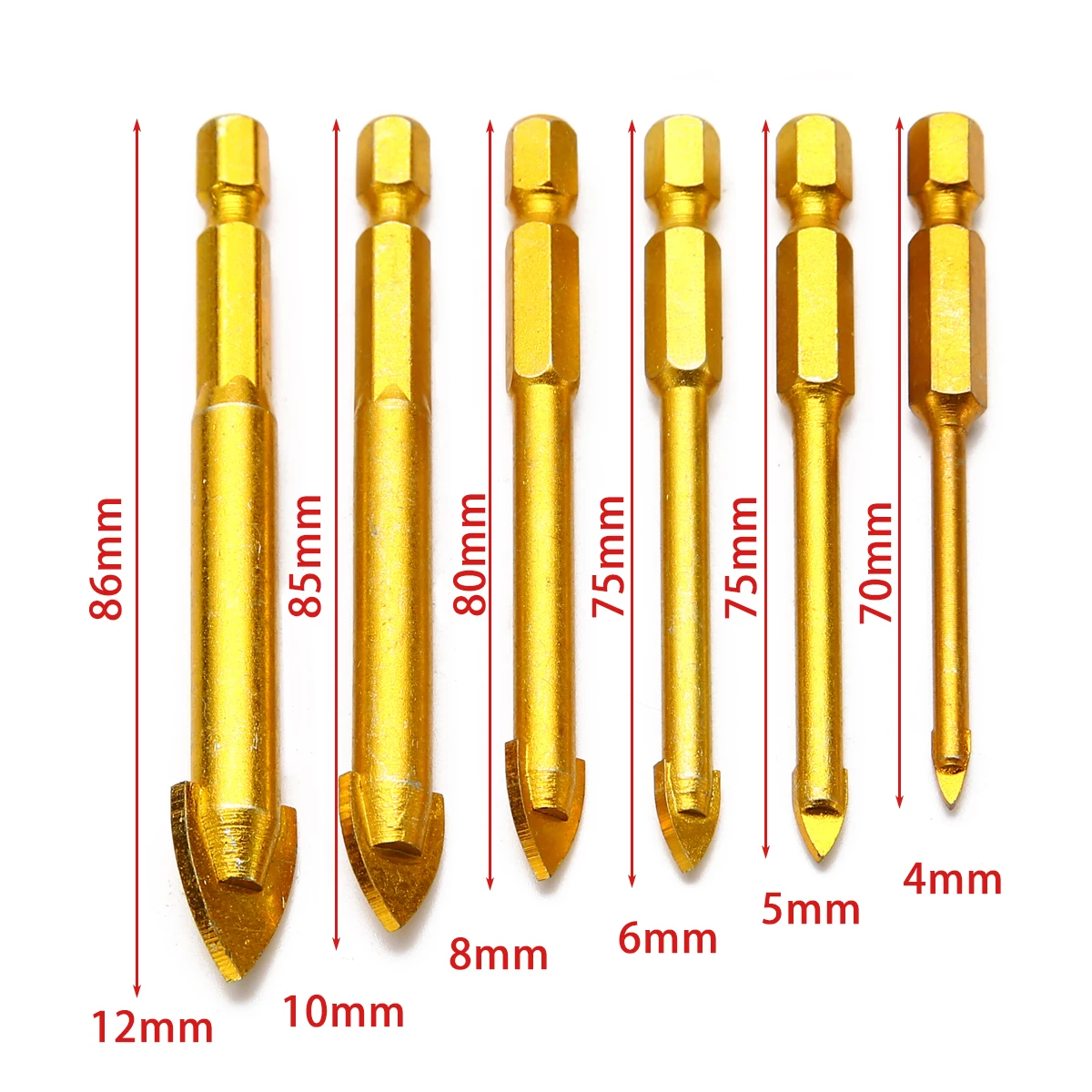 6Pcs 1/4" Hex Shank Tile Glass Drill Bits 4 12mm Titanium Drill Bit For