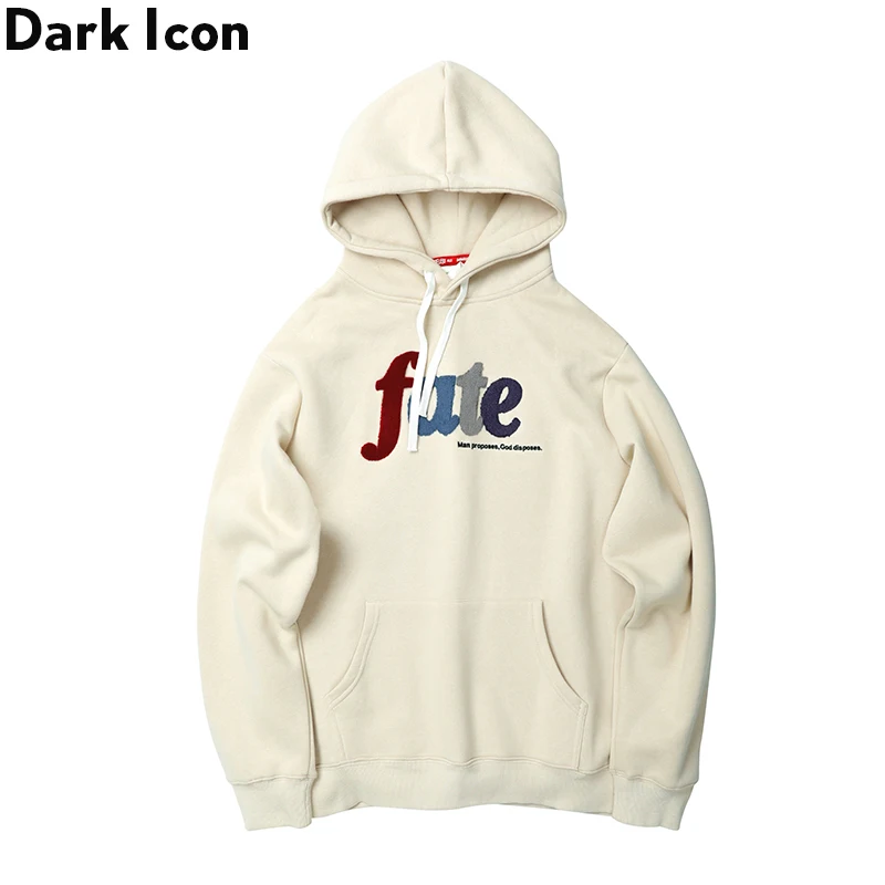 

Dark Icon Letters Embroidery Hooded Men Front Pocket Pullover Men's Hoodie 2019 Autumn Street Hoodie Men Beige/White