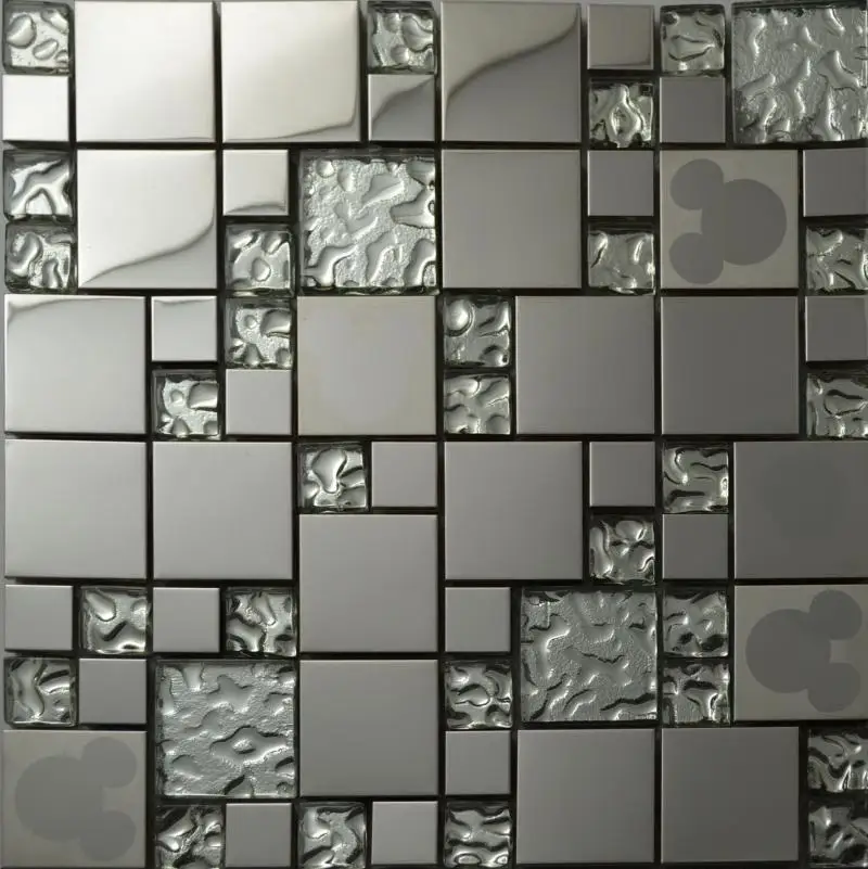 Argent acier inoxydable carreaux de cuisine de verre dosseret carreaux de mosaïque de verre aléatoire mickey.jpg