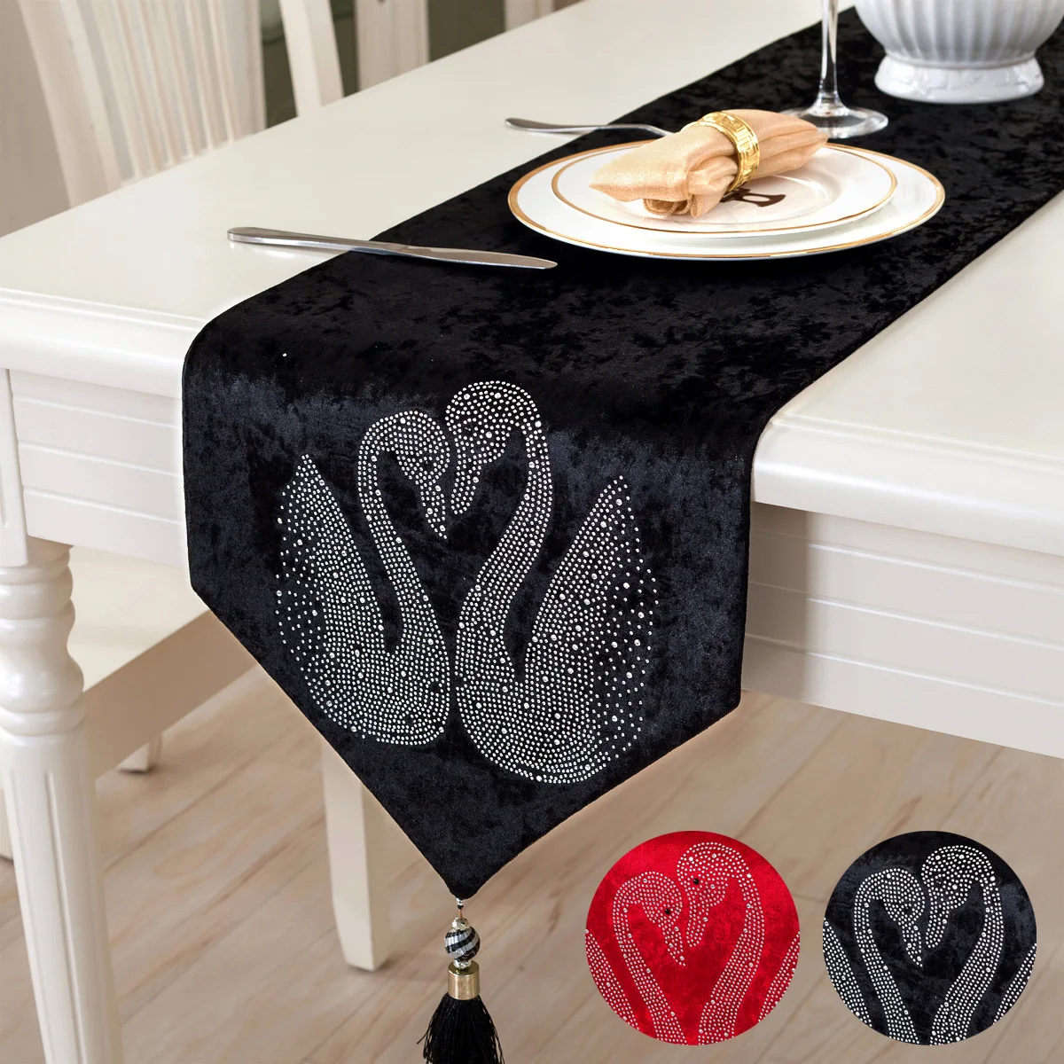 

European style dining table cloth luxury black Swan table runner red wedding decorative table cloth