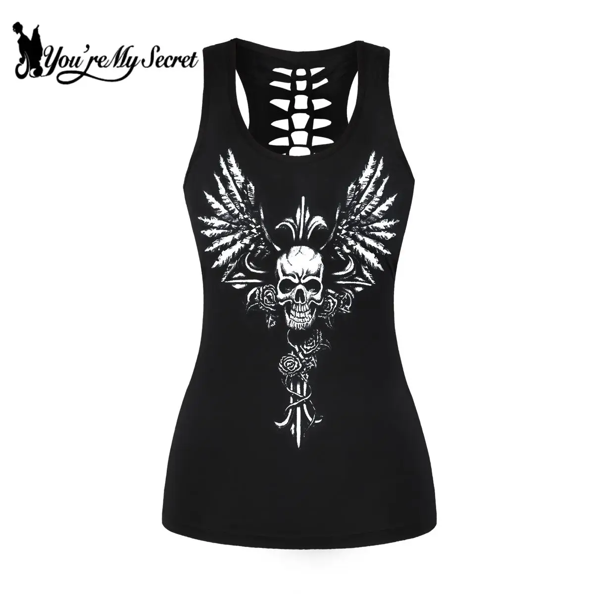 

[You're My Secret] Summer Women Tank Tops Punk Gothic Skull Wing Vest Hollow Out Female Slim Hollow Top