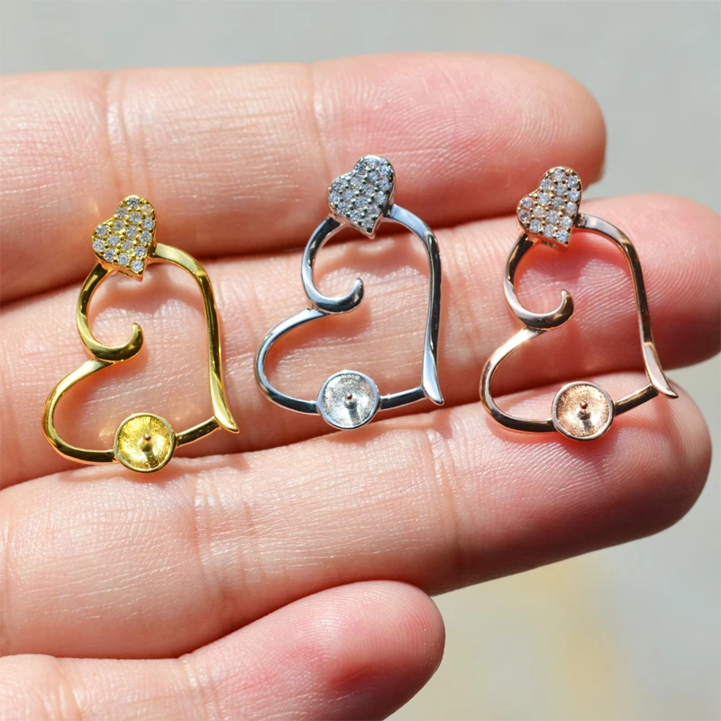 

DIY Jewelry Findings 925 Sterling Silver Plated Rhodium&Gold Pendant Holder Heart Pendant Findings Double Heart Pendant Holder