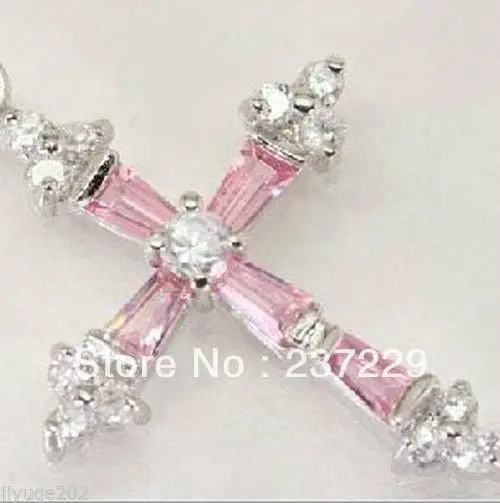 

Wholesale price FREE SHIPPING ^^^^Fashion women's silve plated pink stone cross necklace bless pendent free chain