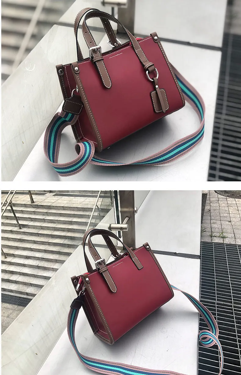 Color Blocking Daily Purse OL Business Tote Bag Genuine Leather Women's Shoulder Bag Small Top-handle Handbag