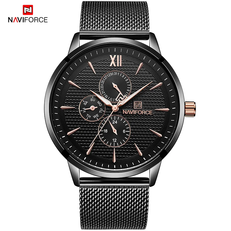 NAVIFORCE Лидирующий бренд Для Мужчин's Бизнес мода кварцевые наручные часы Нержавеющая сталь сетка ремень Повседневное часы Для мужчин Relogio Masculino - Цвет: Black