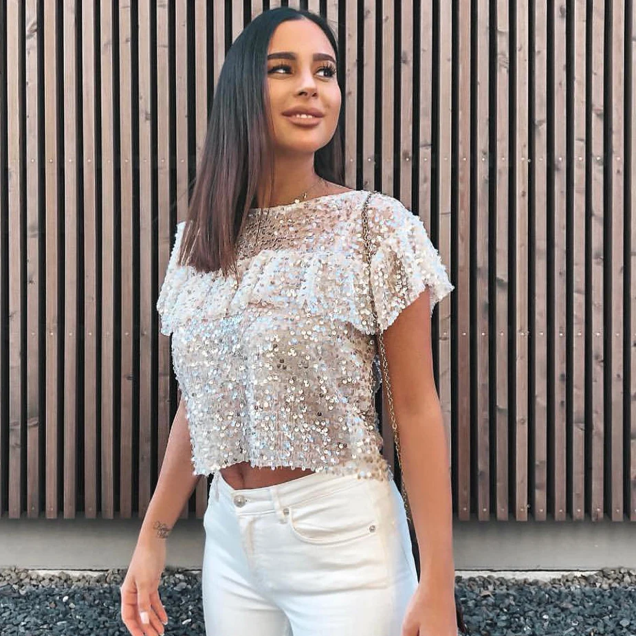 

women sweet laminated ruffles sequined blouse shirts women short sleeve high street chemise feminina blusas tops blusa mujer