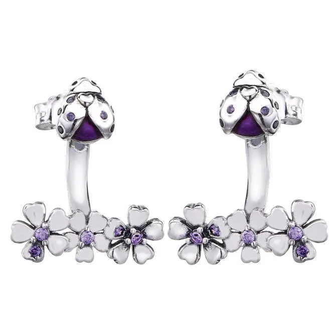 

925 Sterling Silver Earrings Purple Enamel Ladybug Meadow Jacket Earrings For Women wedding gift Fashion Charms