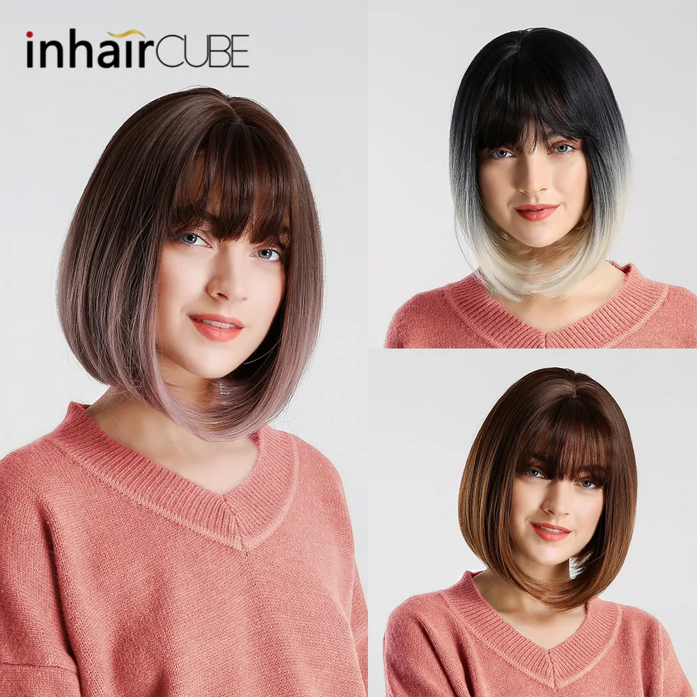 Peluca de pelo corto recto para mujer con flequillo plano sintético de 10 pulgadas Peluca de pelo corto recto para mujer con flequillo plano sintético de 10 pulgadas