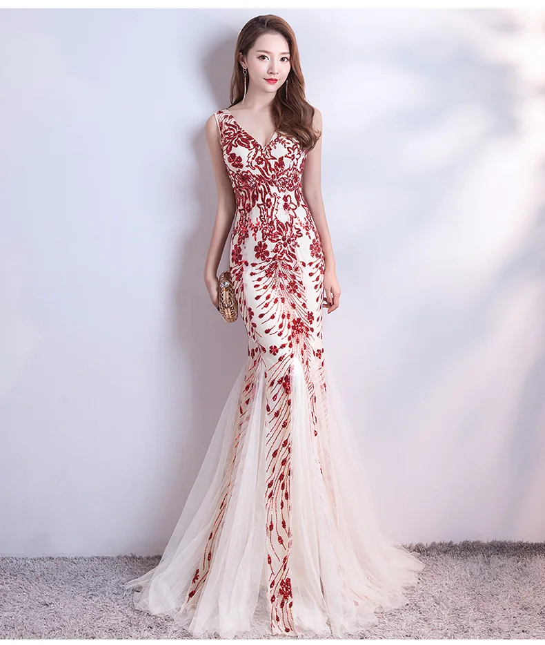 Elegant Red/Black/GoldLong Sequined Evening Dress 2020 V-neck Backless Mermaid Formal Prom Party Vestidos de Noiva | Свадьбы и