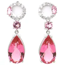 2017 Recién Llegado de Pink Sapphire, blanco CZ de la mujer 925 Pendientes 38x11mm