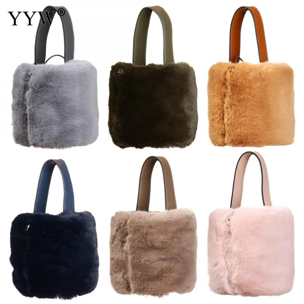 

2018 Designer Handbags Vintage Faux Fur Women Bag Solid Shoulder Bags New Fur Bucket Shoulder Handbags Yellow Bolsas Feminina