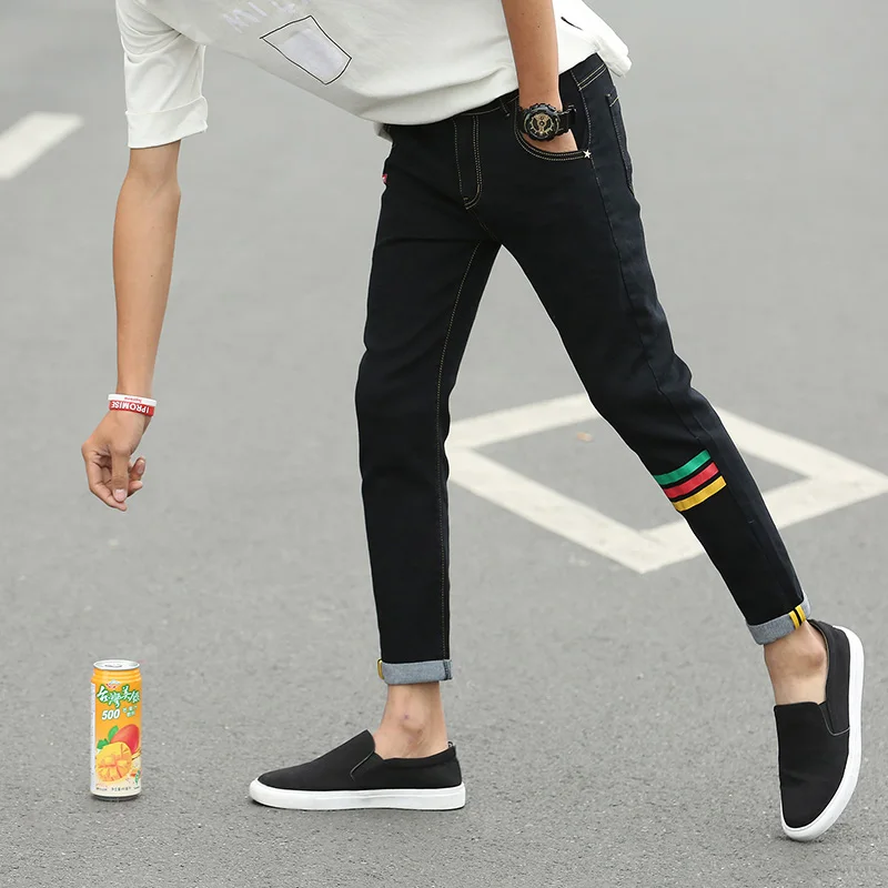 Men's Nine Points Jeans 2018 Spring Korean Version of New Men's Clothing  Color strip Small Feet Jeans Men Pencil Pants