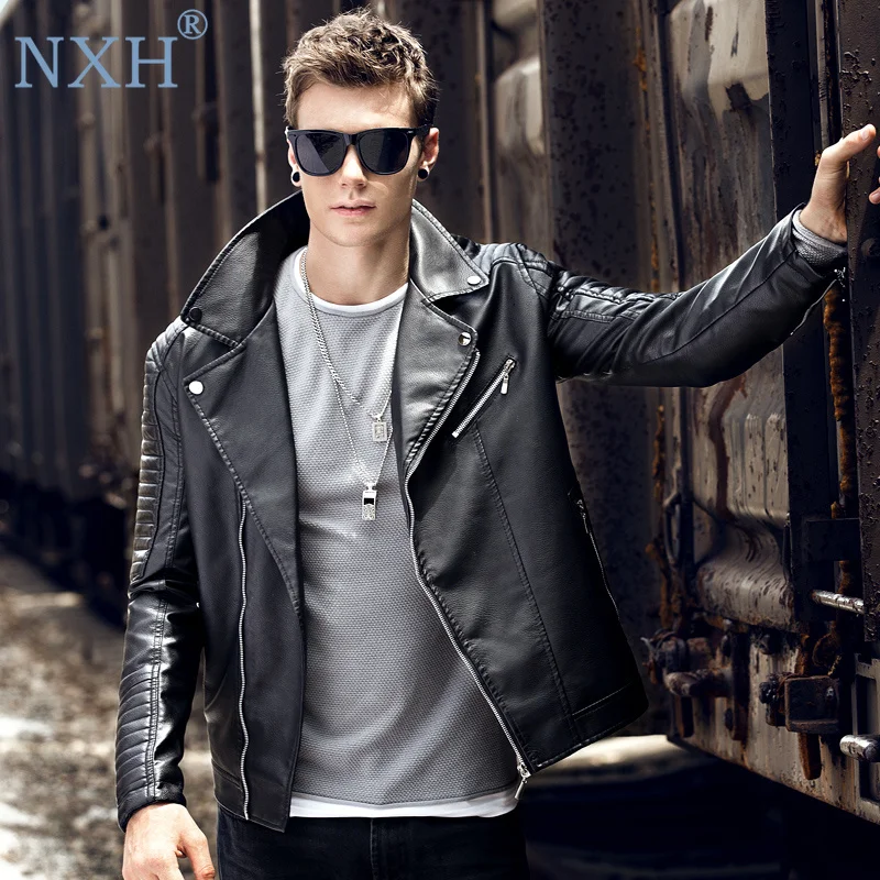 NXH Fashion Turn down Collar Faux Leather Jaket Men Moto & Biker Mens ...
