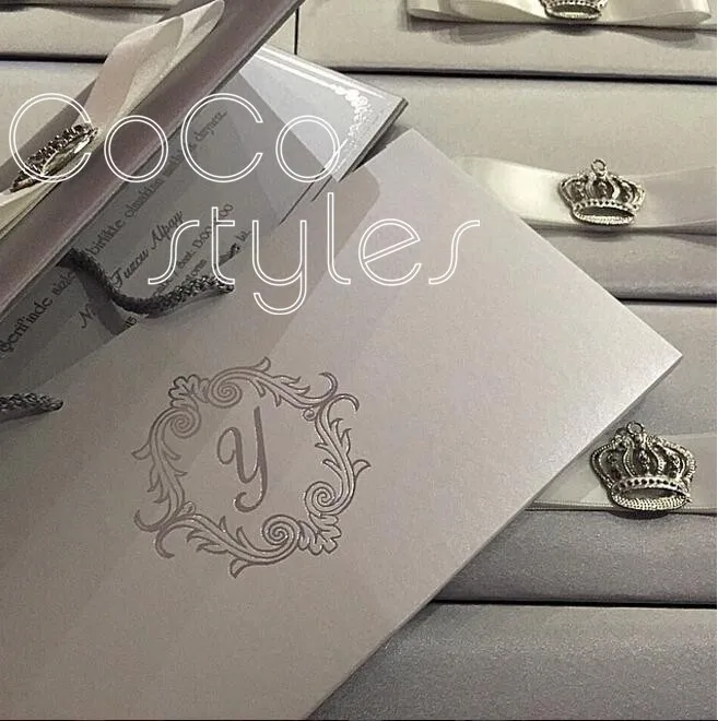  Cocostyles paper hard cover wedding invitation card with gold metal decoration and stain ribbon han - 32866062220