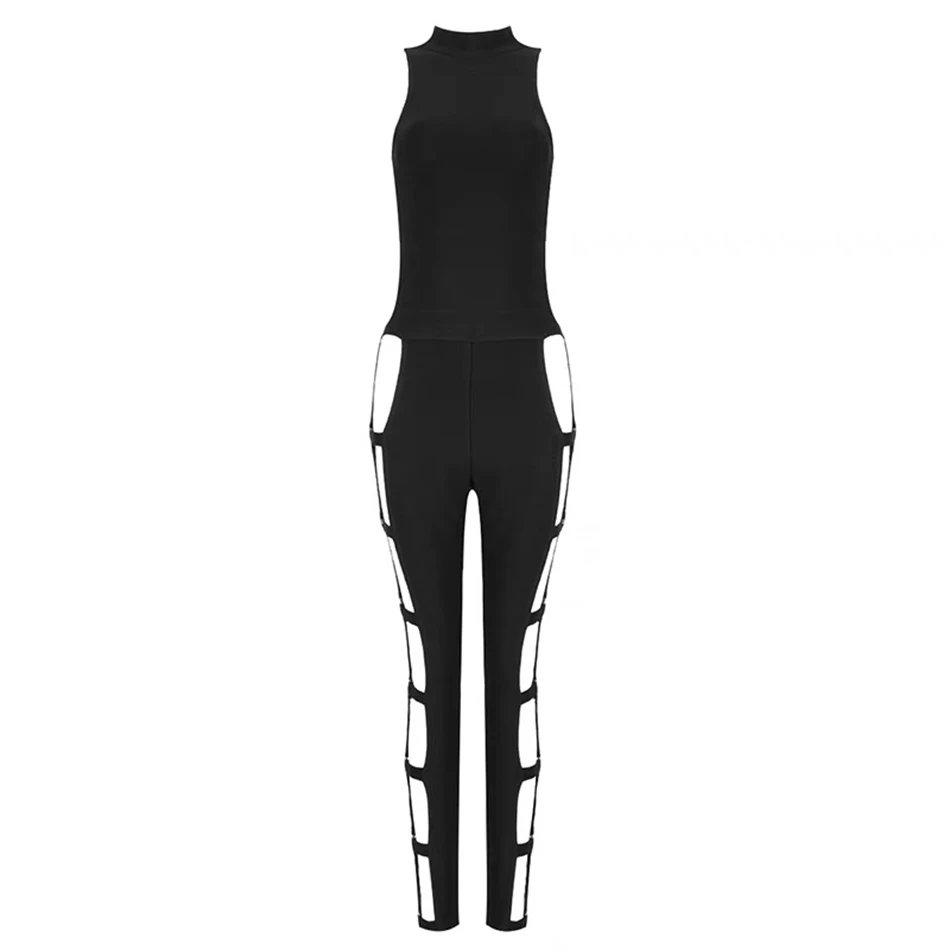 summer new women's jumpsuit black sleeveless hollow backless celebrity party trend bandage tights