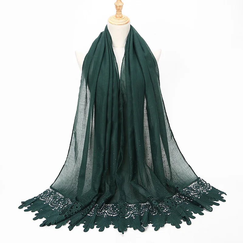 

2019 New Solid Color Cotton Floral Lace Scarf Women Ladies Rhinestone Shimmer Glitter Head Hair Hijab Scarves Foulard Femme