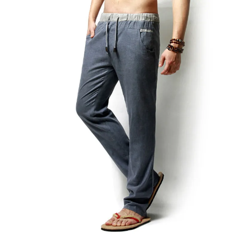 Men Pants Linen Drawstring Flax Pants Straight Full Length solid Linen Cotton Home Men's Trousers Fashion Pants Linen Size M-3XL