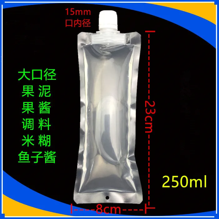 

8*23cm 250ml 30Pcs/ Lot Jelly Juice Liquid Clear PE Poly Spout Packing Bag Drinking Milk Shampoo Plastic Spout Storage Pouch